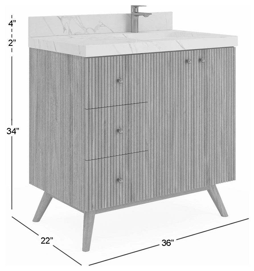 Pasadena 36" Right Offset Bath Vanity, Light Natural Teak 2" Calacatta Poanazzo