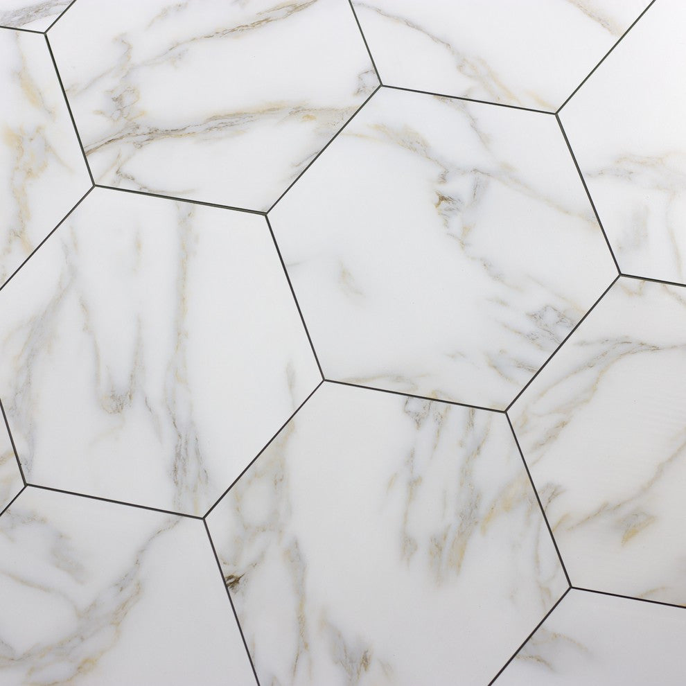 Nature 8 in x 8 in Glass Hexagon Tile in Calacatta White Gold