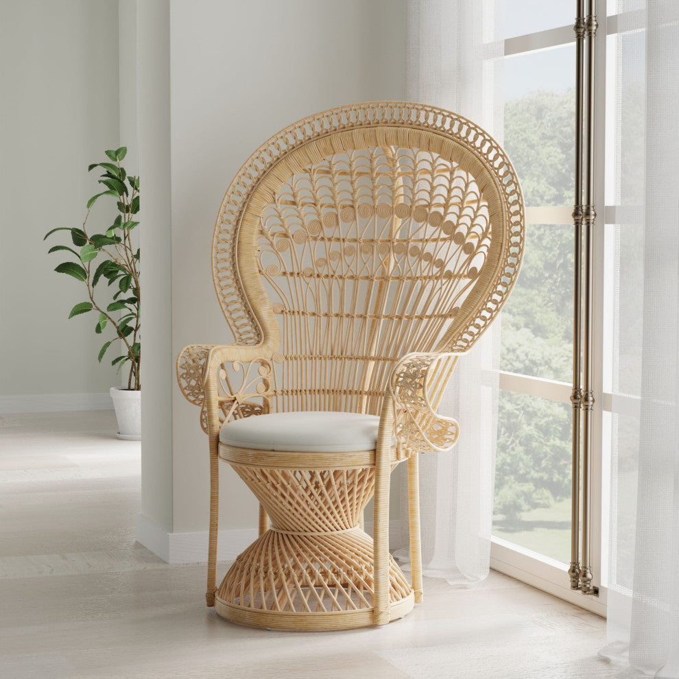 Grand Peacock Chair in Rattan With Seat Cushion, Natural-Brown