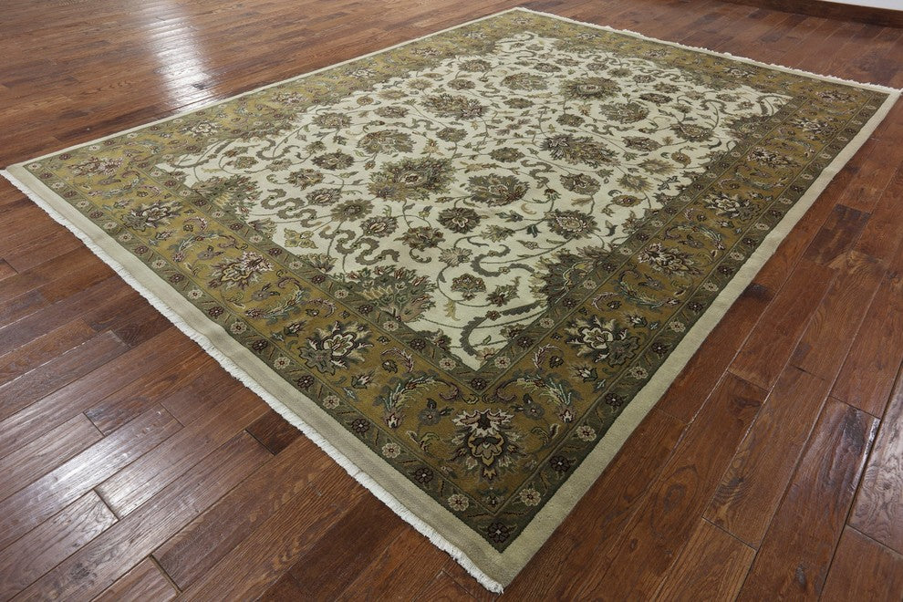 Oriental Herati Design 9'x12' Ivory Rajasthan Hand Knotted Wool Area Rug H8620