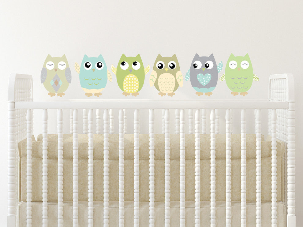 Owls Fabric Wall Decals, Set of 6, Green, 12" Tall