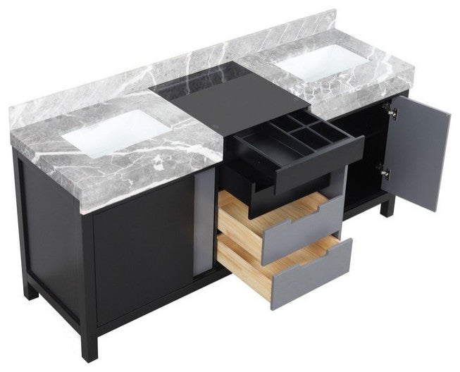 Zilara 72" Black and Grey Double Vanity, Castle Grey Marble Tops
