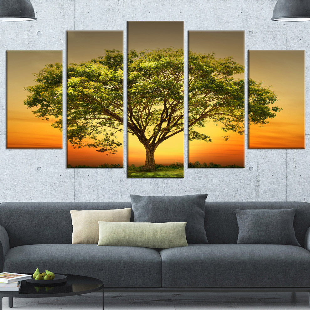 Green Tree against Setting Sun, Trees Canvas Art Print, 60"x32", 5 Panels