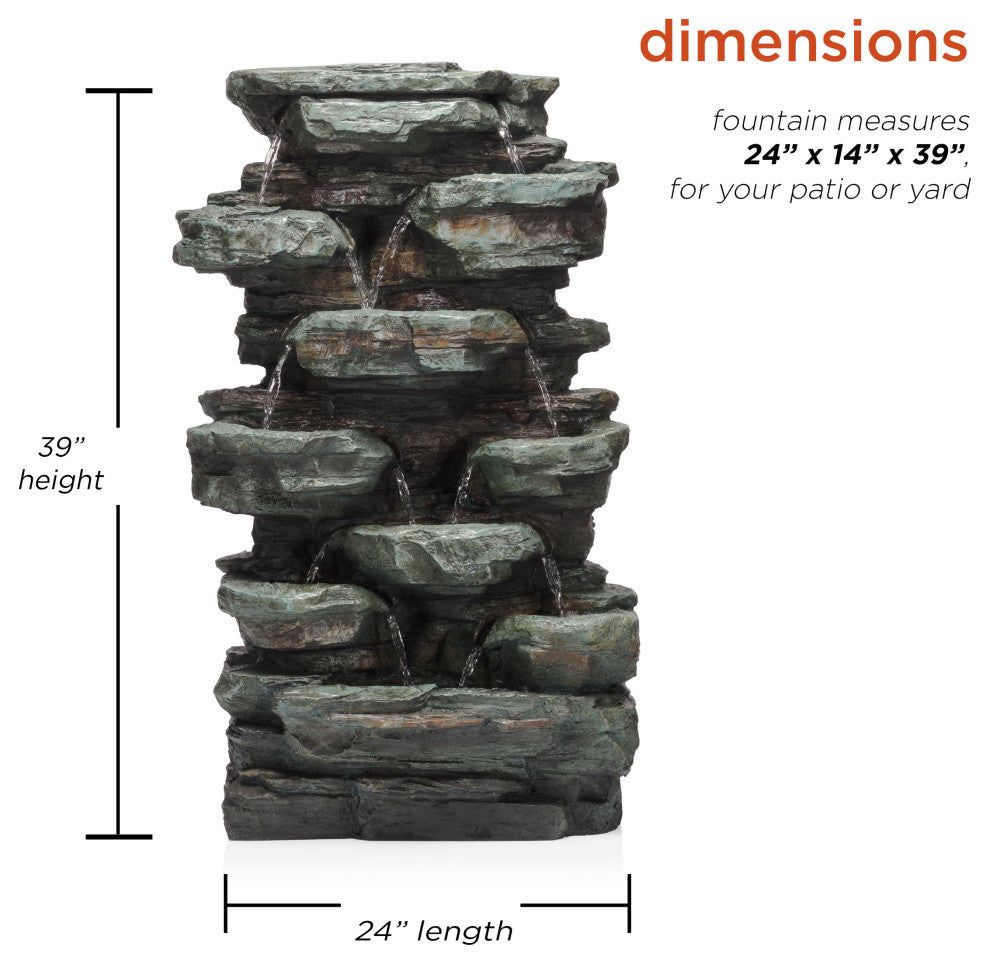 39" Tall Outdoor Multi-Tier Rock Water Fountain with LED Lights