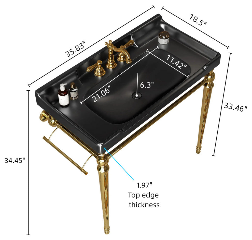 Wall-Mounted Black Ceramic Vanity Basin with Stainless Steel Support Legs, Gold