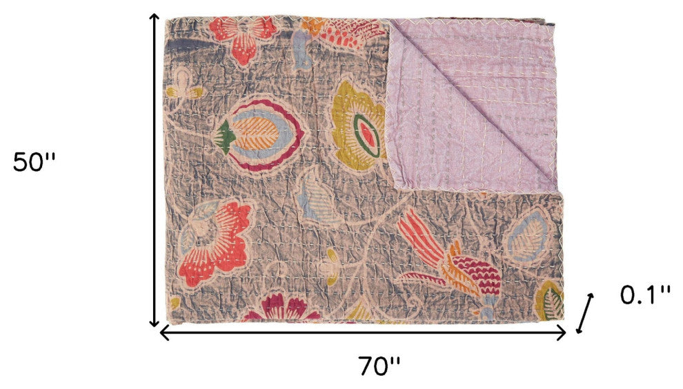 50"x70" Gray and Pink Kantha Cotton Floral Throw Blanket With Embroidery