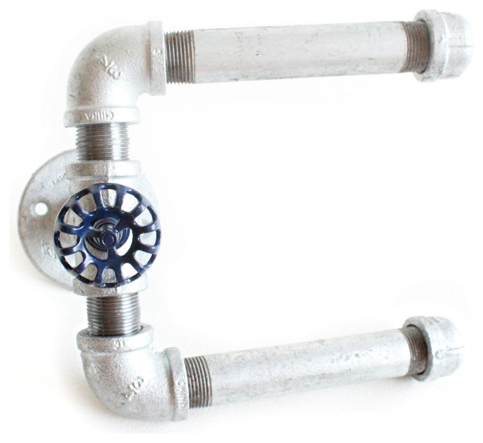 Industrial Pipe Toilet Paper Holder, Black Pipe, 2-Roll, Navy Blue Hose Knob