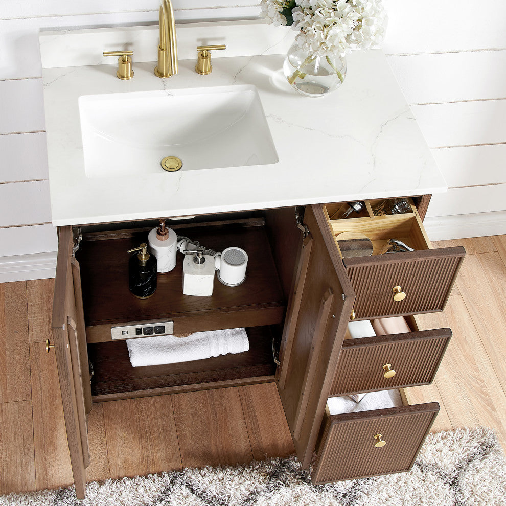 Oza Bath Vanity with Quartz Stone Top, Aged Dark Brown Oak, 36", Single Vanity, No Mirror