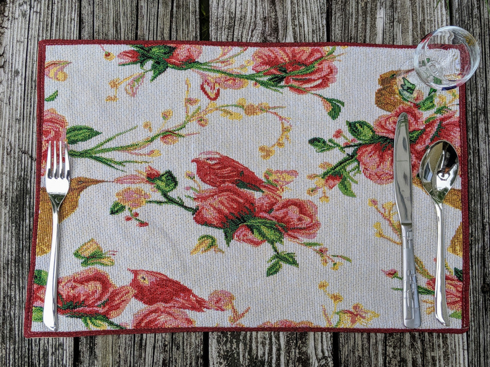 Seasonal Floral Woven Fabric Tapestry Kitchen Table Mats Cloth Placemats, White Floral