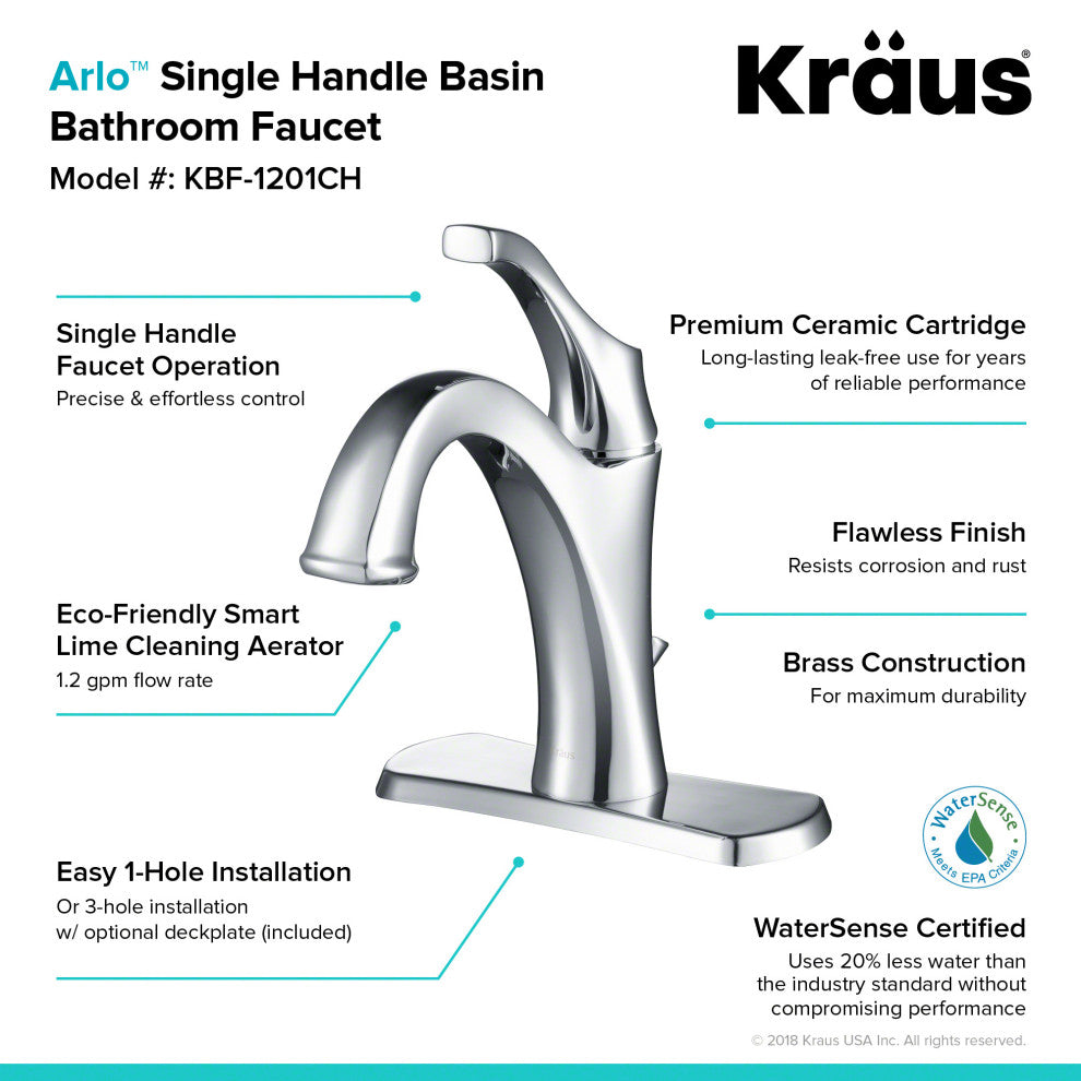 Arlo Single Handle 1-Hole Bathroom Basin Faucet, Lift Rod Drain, Chrome