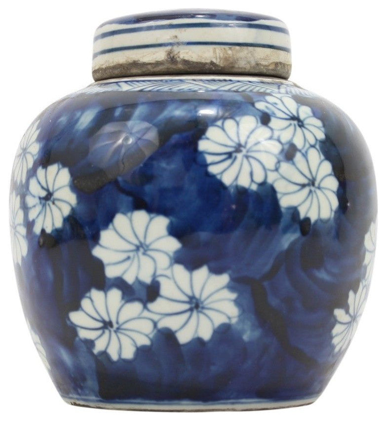 Reverse Blue and White Porcelain Bursting Floral Ginger Jar 6"
