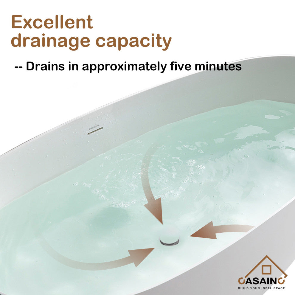 71in White Solid Surface Oval Freestanding Soaking Bathtub with Drain, 63in