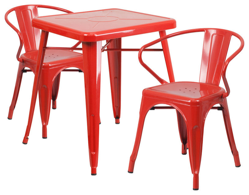 23.75" Square Red Metal Indoor-Outdoor Table Set with 2 Arm Chairs