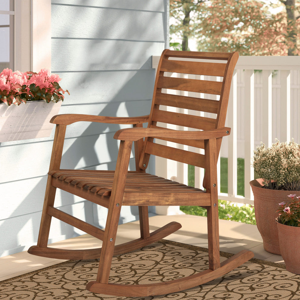 Carey Modern Slat-Back Acacia Wood Patio Outdoor Rocking Chair, Teak