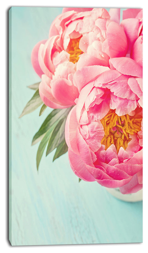 Peony Flowers on Blue Background, Floral Canvas Art Print, 16"x32"