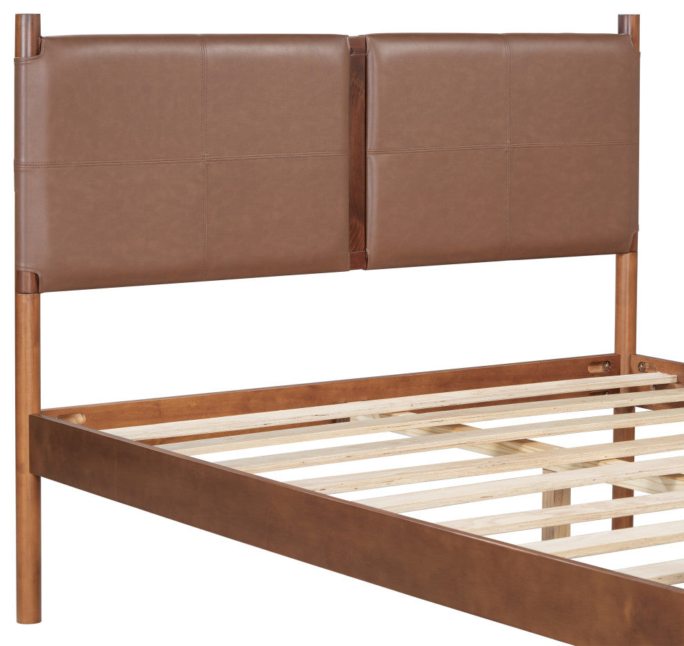 GDF Studio Queen Platform Bed With Upholstered PU Headboard & Wood Frame, Brown
