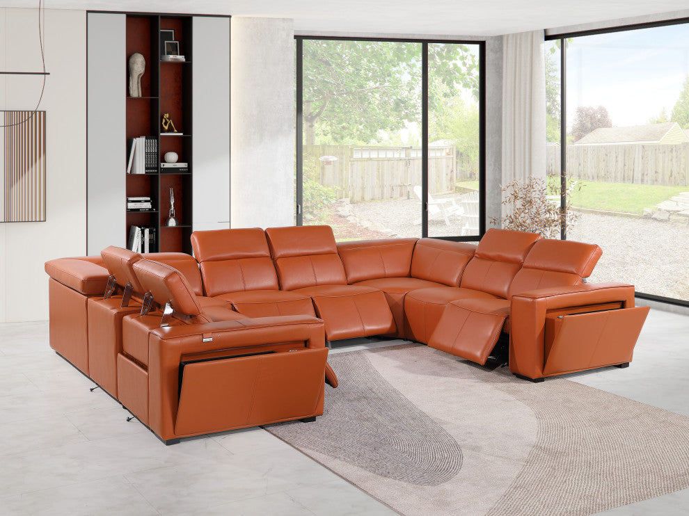 Niccolo Italian Leather 8-Piece U-Shaped 4 Power Reclining Sectional, Camel