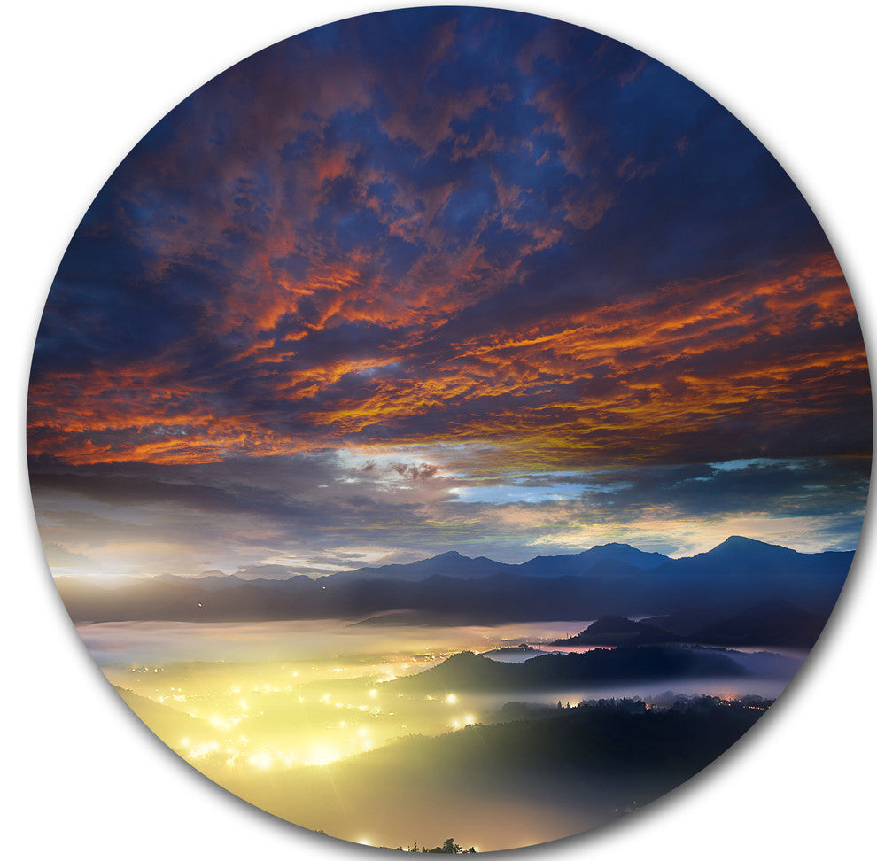 Blue Fiery Overcast At Sunrise, Landscape Photo Disc Metal Artwork, 23"