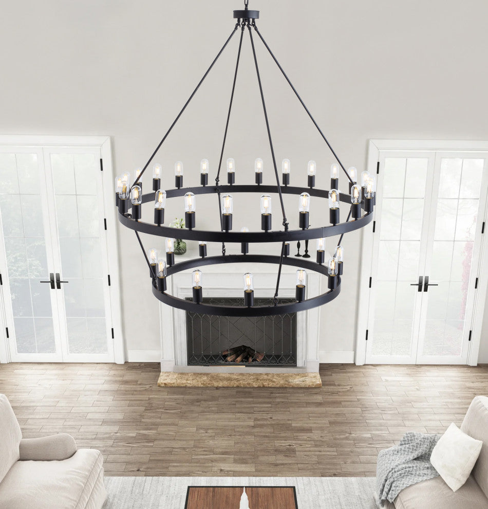 36-Light Pendant Light Modern Wagon Wheel Ceiling Light Chandelier, Black