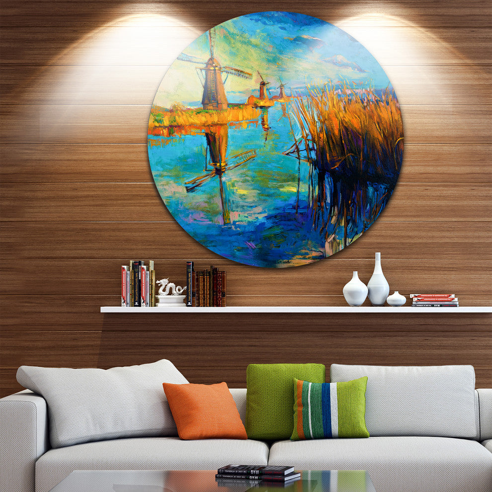 Windmills With Sky And Water, Landscape Disc Metal Artwork, 11"