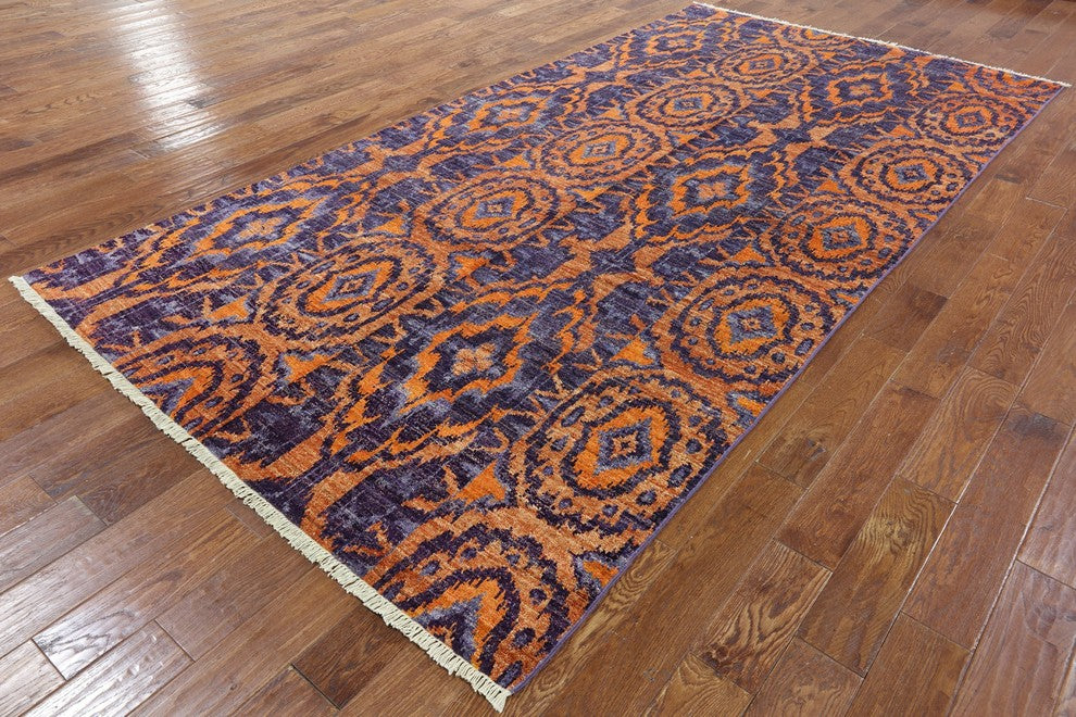 Unique Size 6'x12' Purple and Orange Kaitag Hand Knotted Wool Area Rug H8821