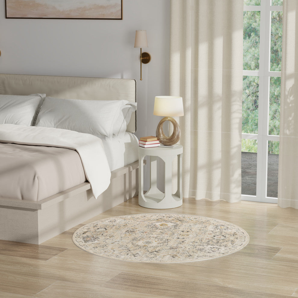 Nourison Oushak Home 4' x Round Cream Vintage Indoor Rug
