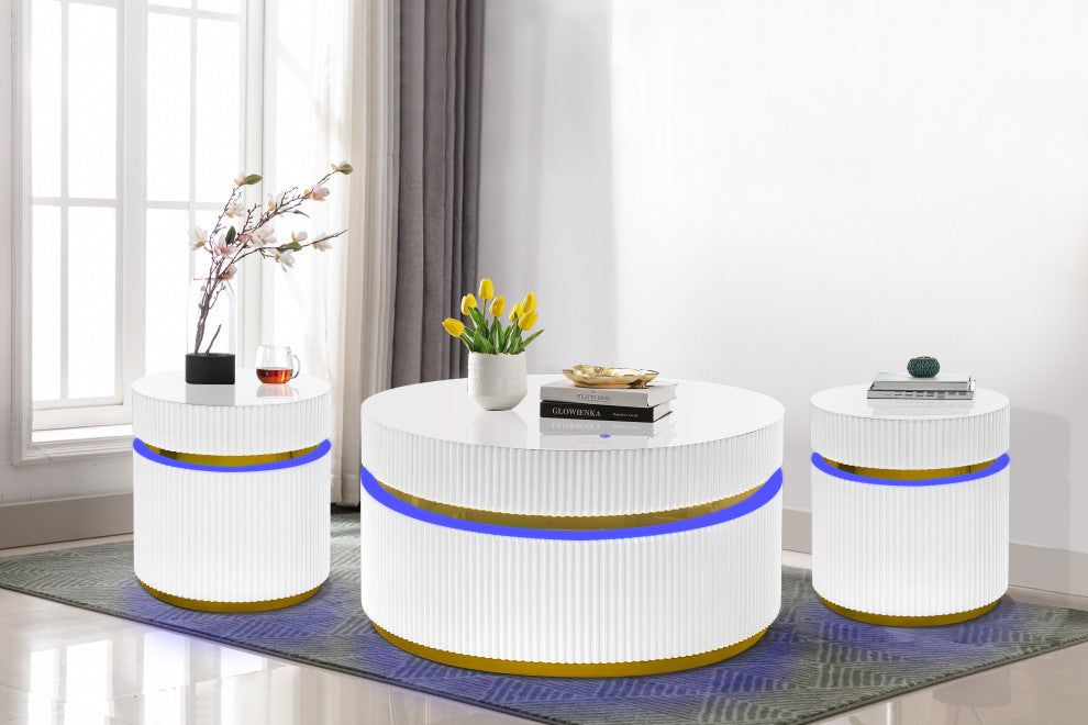 Tavita 3-Piece Round Coffee Table Set With Glass Top and LED Lights