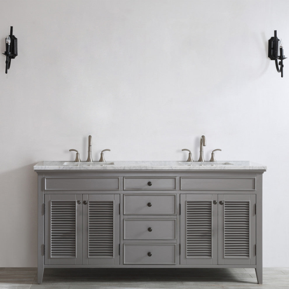 72" Double Vanity in Grey with Carrara White Marble Countertop Without Mirror