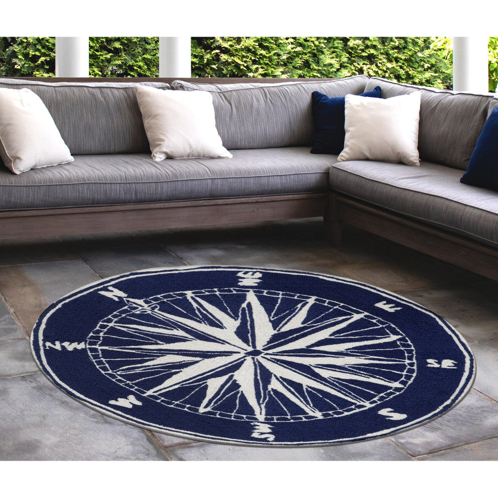 Frontporch Compass Indoor/Outdoor Rug, Navy, 3' Round