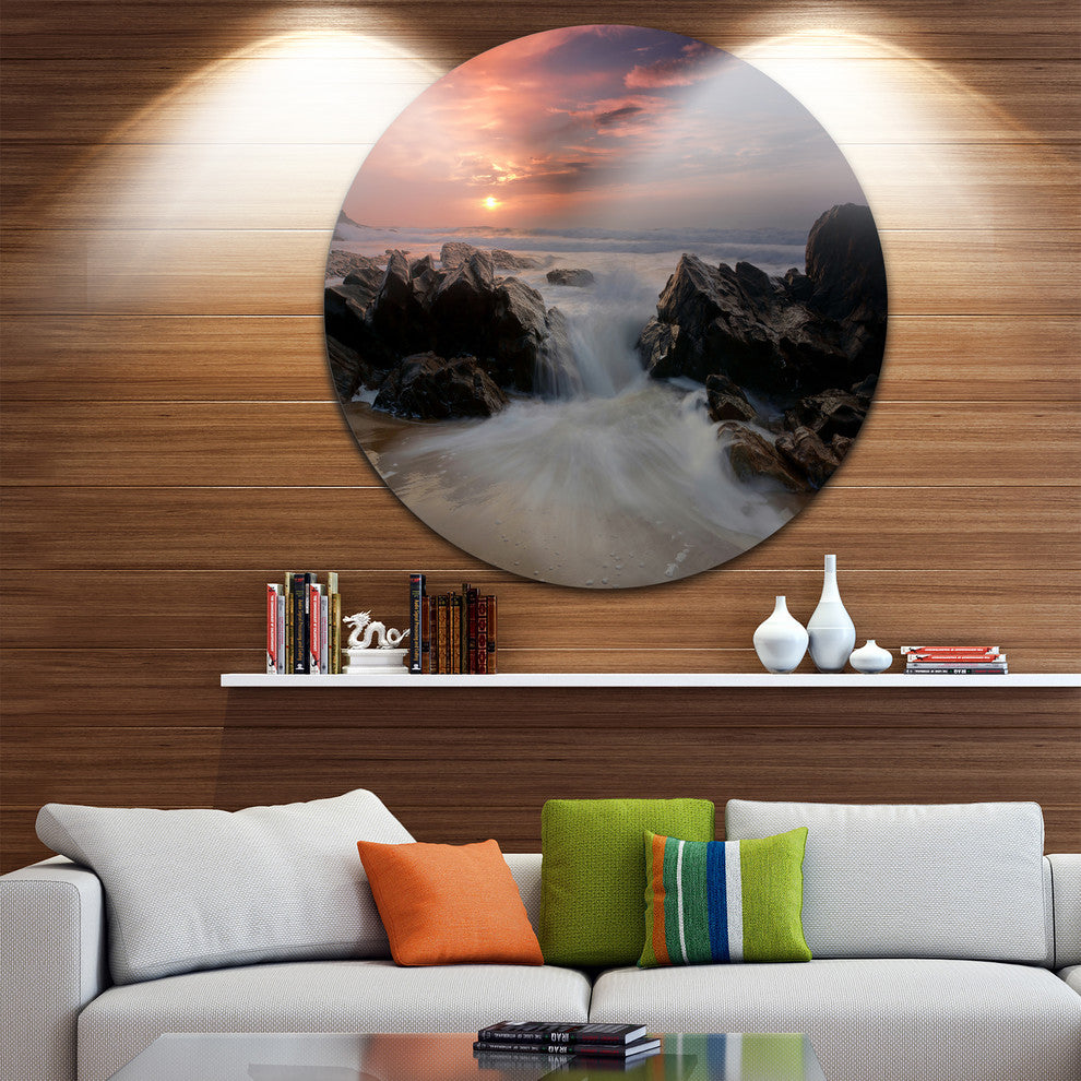 White Waves Rushing Between Rocks, Seascape Disc Metal Wall Art, 36"