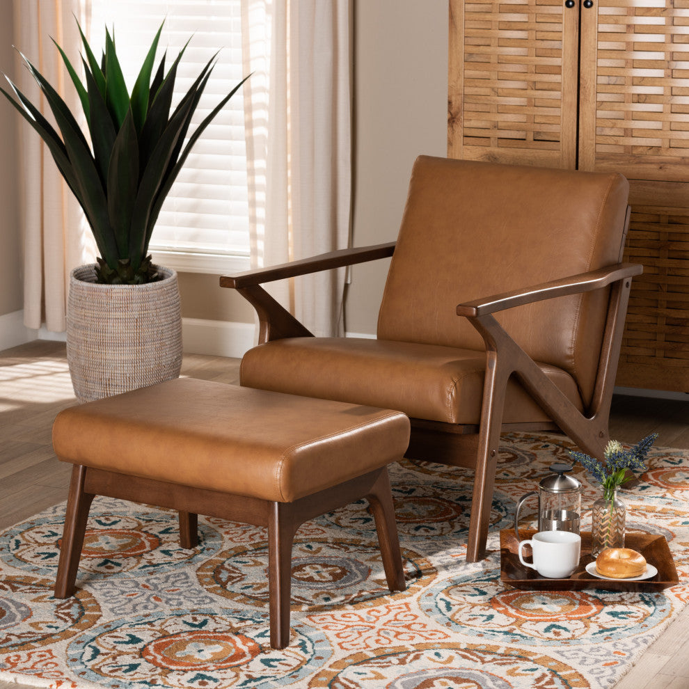 Bianca Mid-Century Modern Lounge Chair and Ottoman Set, Tan Faux Leather