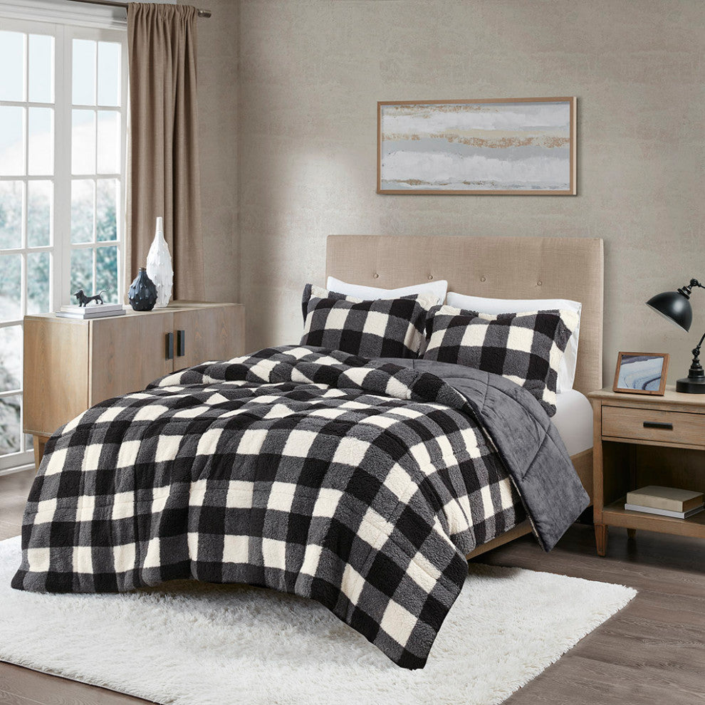 Sleep Philosophy Brooks Sherpa Black and White Buffalo Check Comforter Set