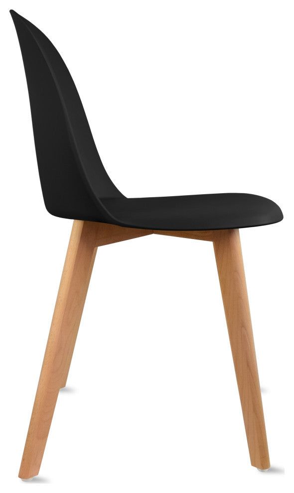 Set of 4 Modern Dining Side Chairs Molded Plastic With Round Back Wooden Legs, Black