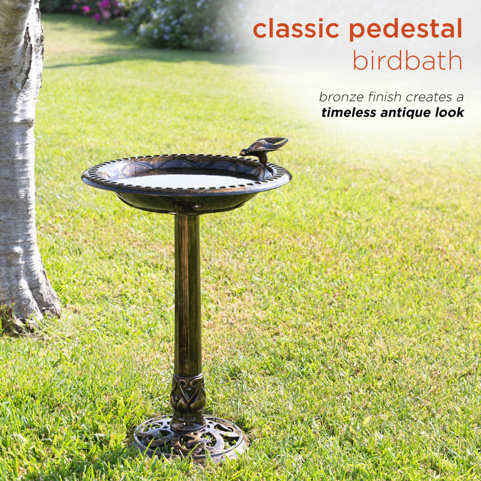 27" Tall Outdoor Antique Style Bronze Birdbath Bowl with Bird Figurine