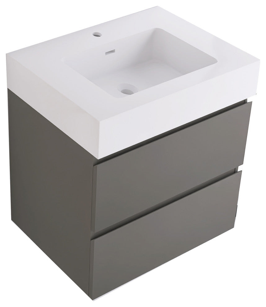 Wood Wall-Mounted Bathroom Vanity Set with Integrated Resin Sink, Grey, 24"