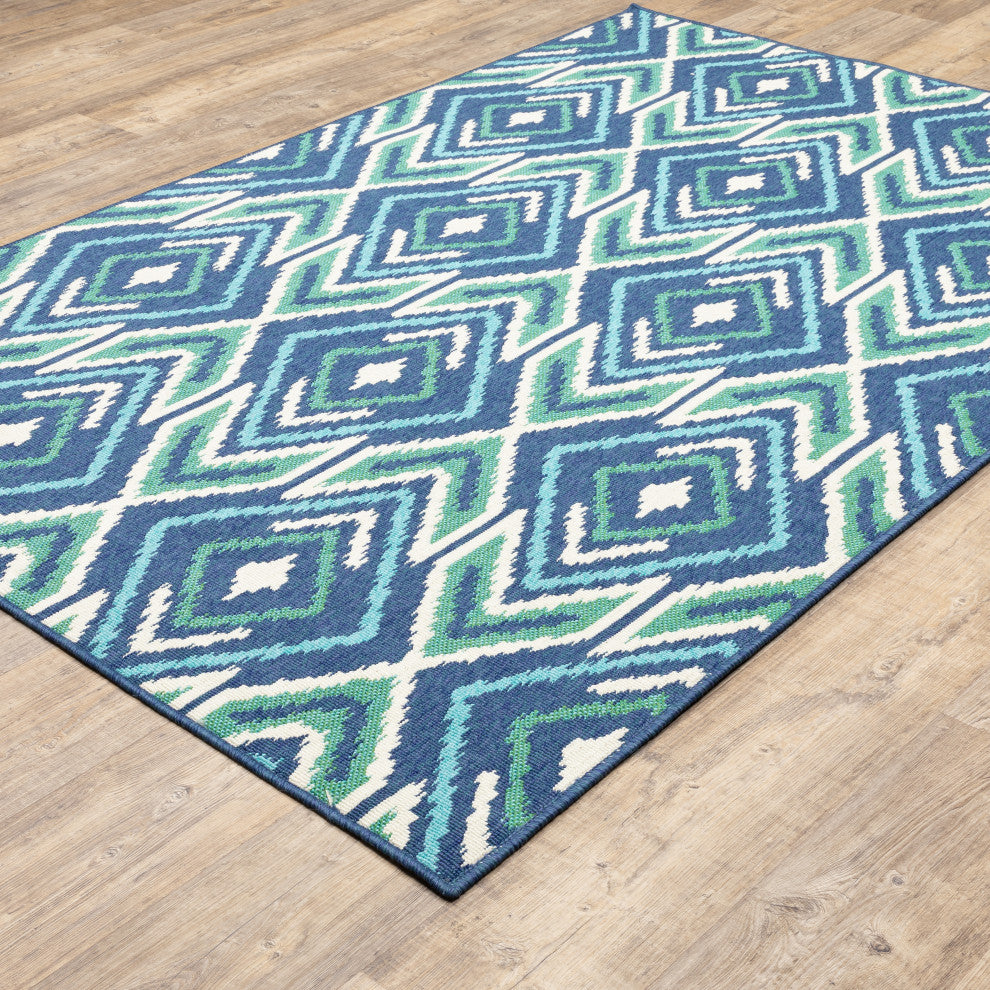 Madelina Ikat Diamonds Navy and Green Indoor or Outdoor Area Rug, 8'6"x13'