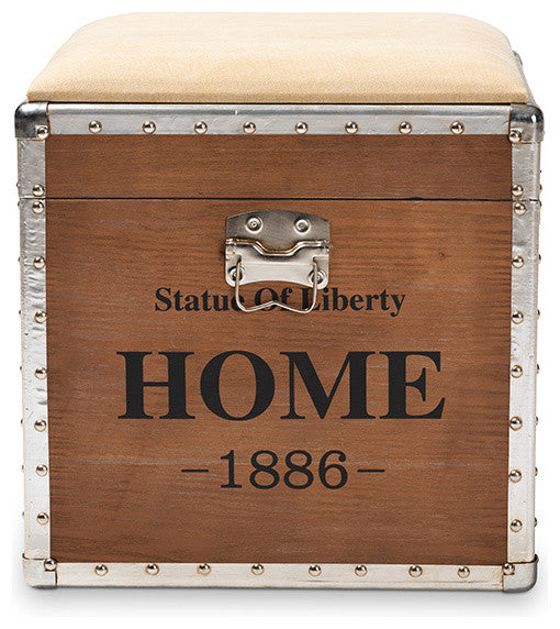 Violetta Vintage Industrial Beige Upholstered Wood Storage Trunk Ottoman