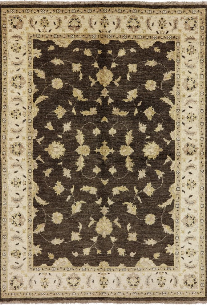 Hand-Knotted Floral Oushak Veg Dyed Chobi Peshawar Oriental Wool Rug, 6'x8'