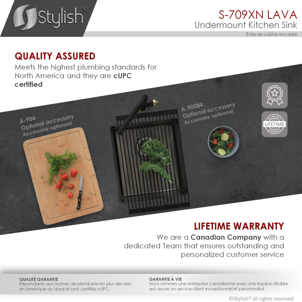 STYLISH 16in Graphite Black Single Bowl Undermount Stainless Steel Kitchen Sink