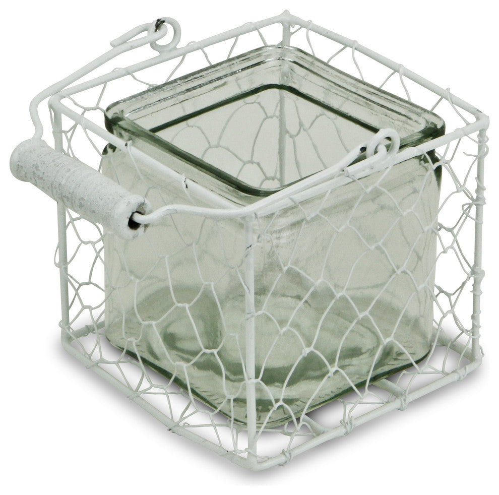 Laguna Wire Basket With Glass Jar, White, Large, Medium