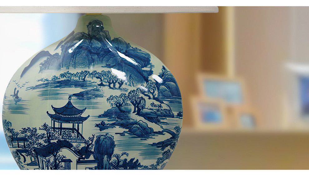 32" Blue and White Ming Landscape Vase Lamp