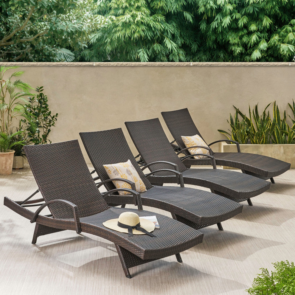 GDF Studio Olivia Outdoor Brown Wicker Armed Chaise Lounge Chairs, Set of 4
