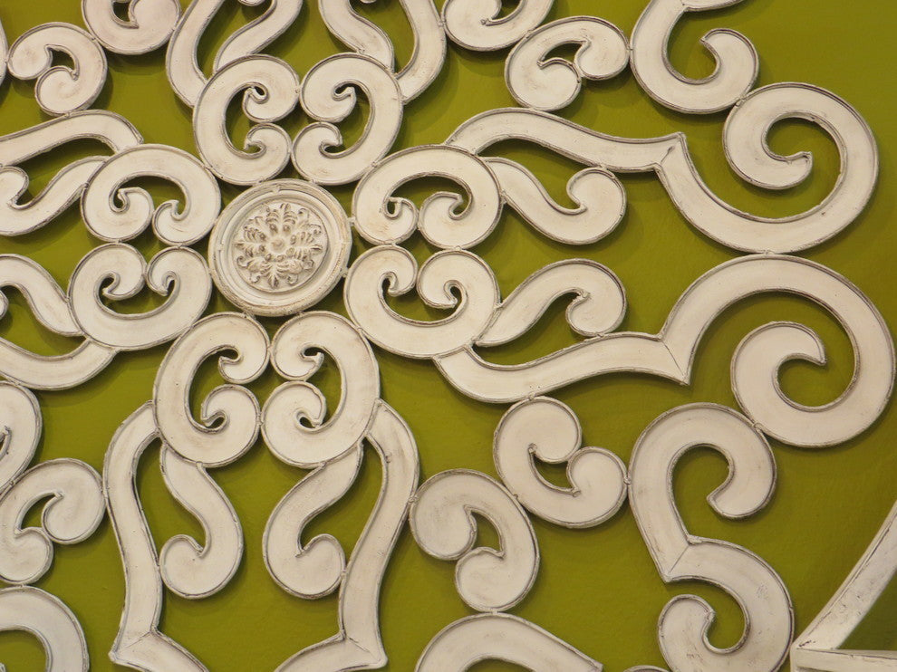 38" Large White Scroll Wall Medallion, Round Art Metal Iron Swirl