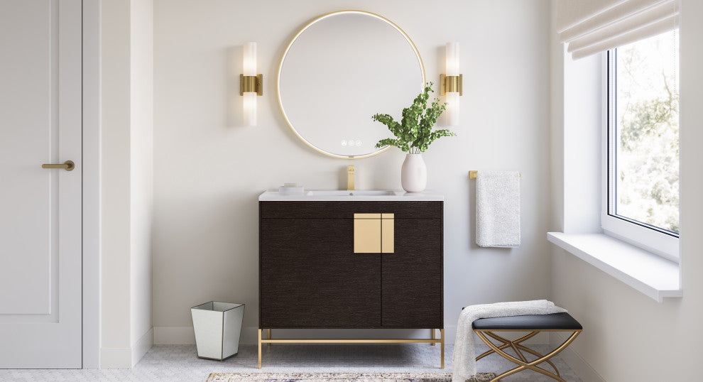 Lockhart Bath Vanity, Black Oak, 36", Satin Brass Hardware, Single Sink, Freestanding