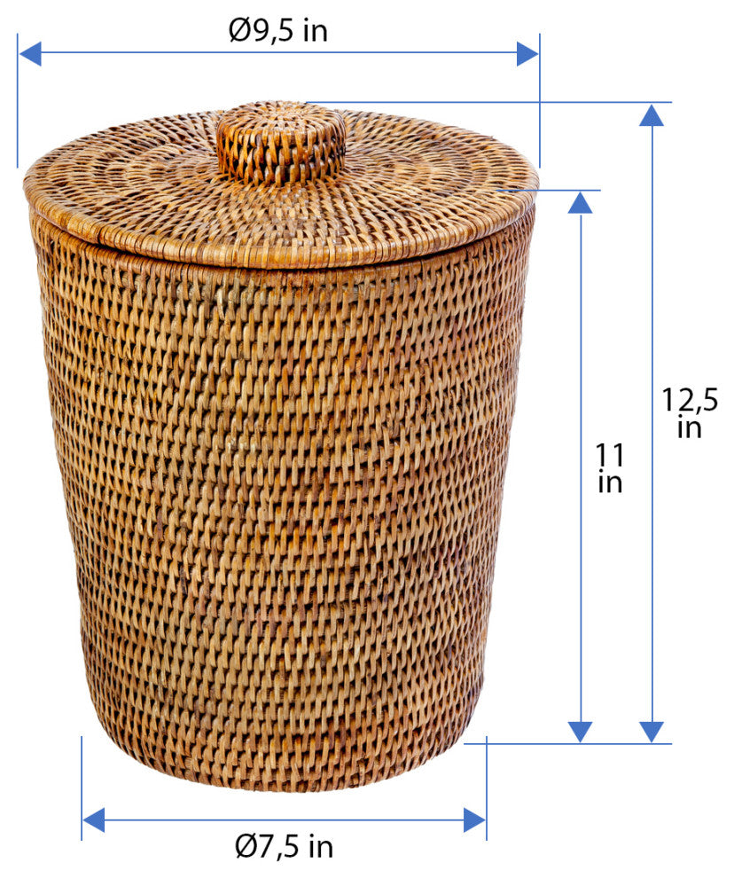 La Jolla Rattan Round Waste Basket With Plastic Insert and Lid, Honey-Brown