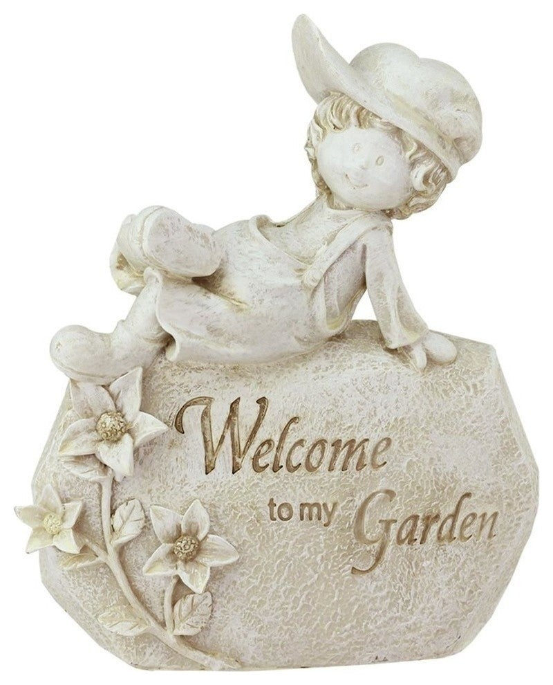7.5" "Welcome To My Garden" Boy on Rock Patio Garden Statue