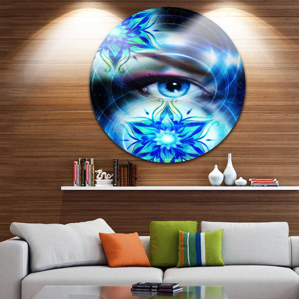 Woman Eye With Fractal Flowers, Floral Digital Art Round Wall Art, 38"