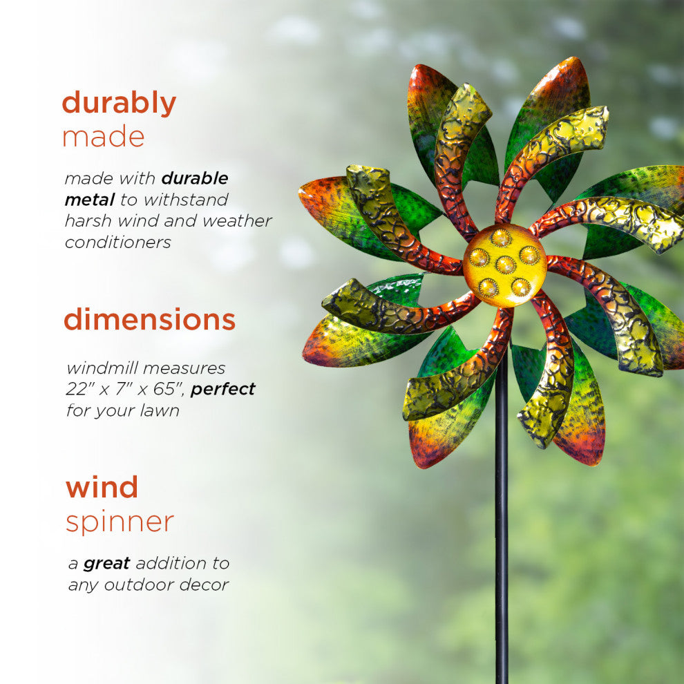 64" Tall Floral Windmill Stake with Jeweled Kinetic Spinner, Green and Orange