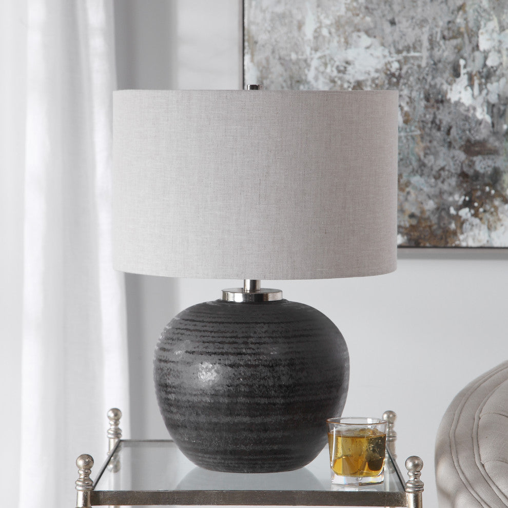 Rustic Round Charcoal Brown Table Lamp, Ceramic Sphere Vintage Style Cottage