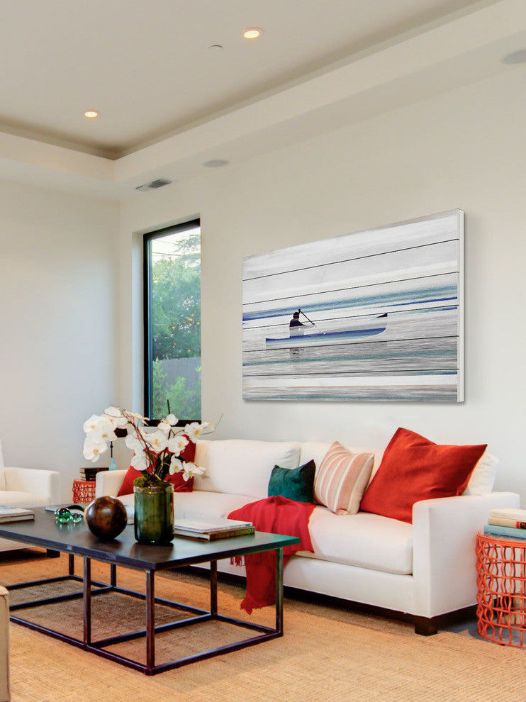 "Canoe on Calm Lake" Print on White Wood, 36"x24"